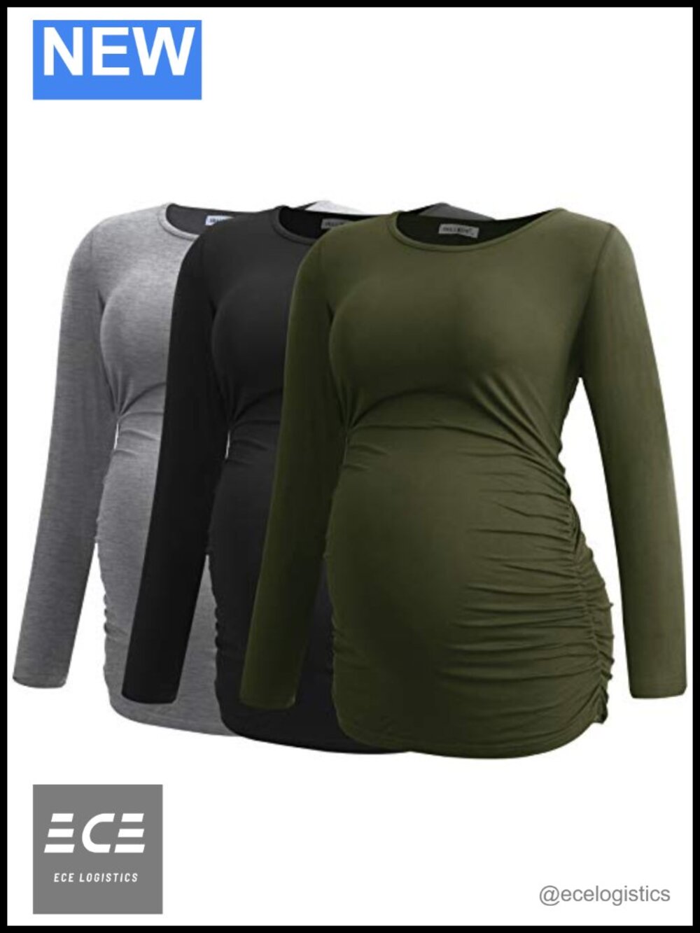 Maternity Long Sleeve Tops 3-Pack Ruched Pregnancy Shirts